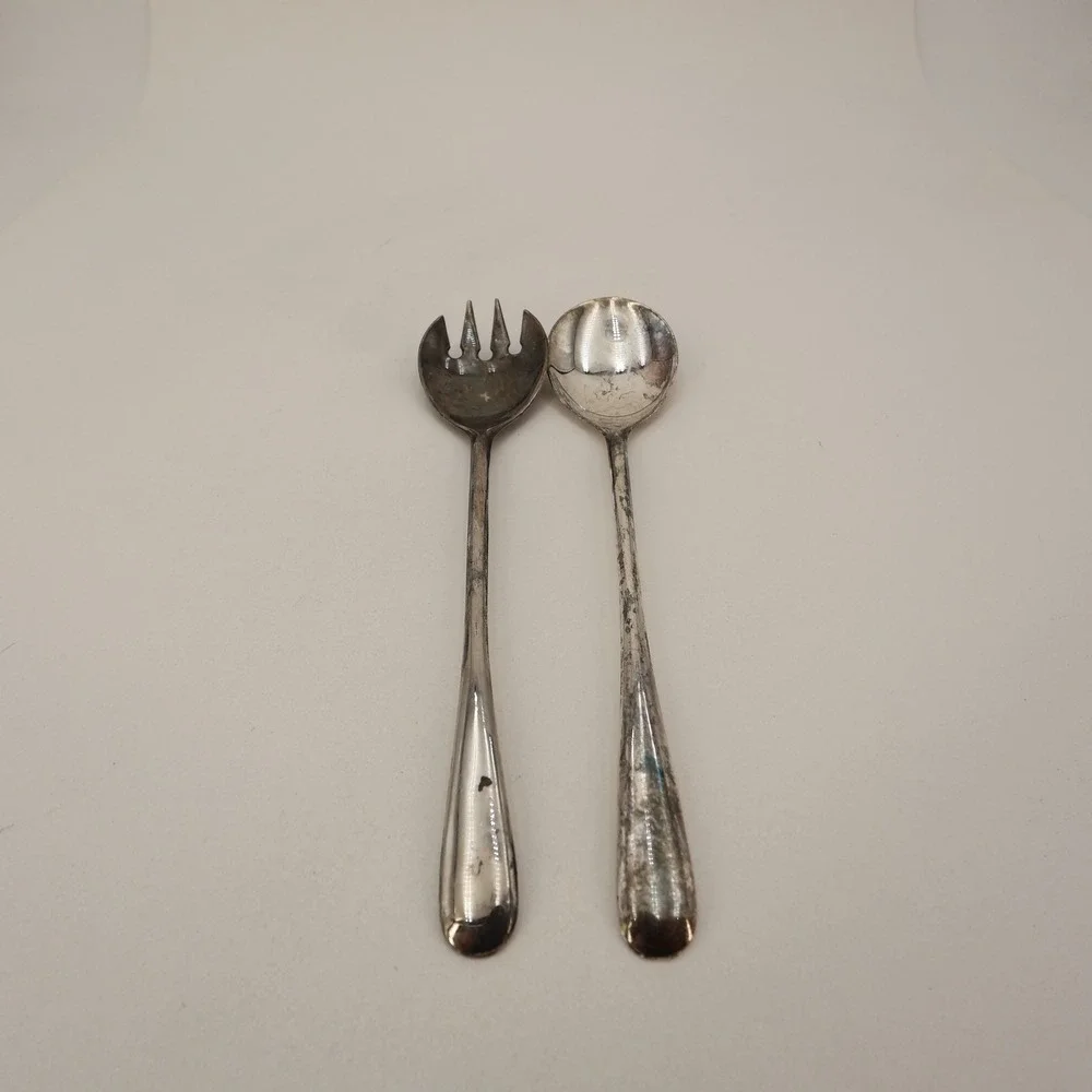 Vintage Silver Plated Italy Salad Servers Spoon and Fork Set Tarnish Patina 9